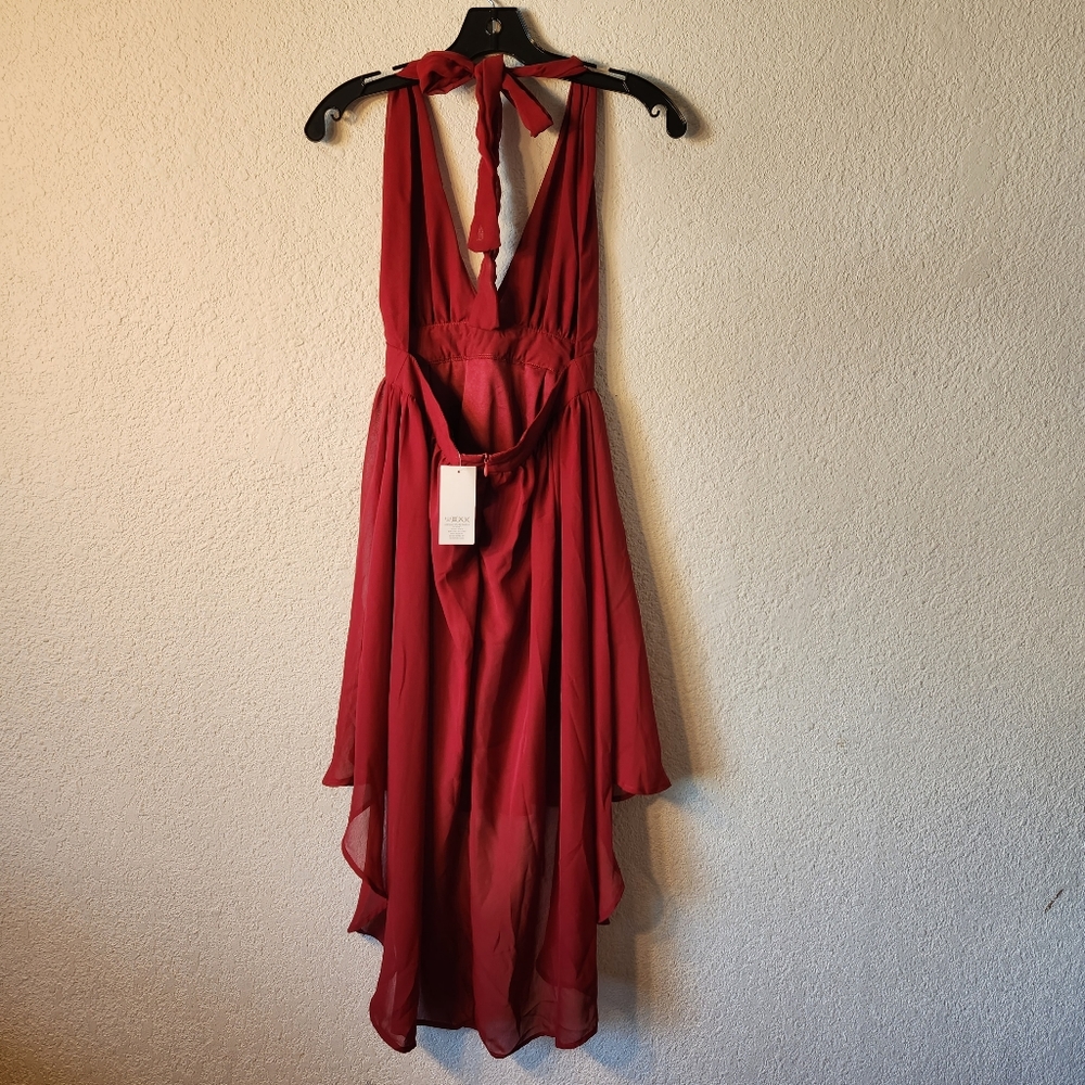 Azbro Women red Halter open back dress high low chiffon v neck sz small NWT sexy - Picture 6 of 12